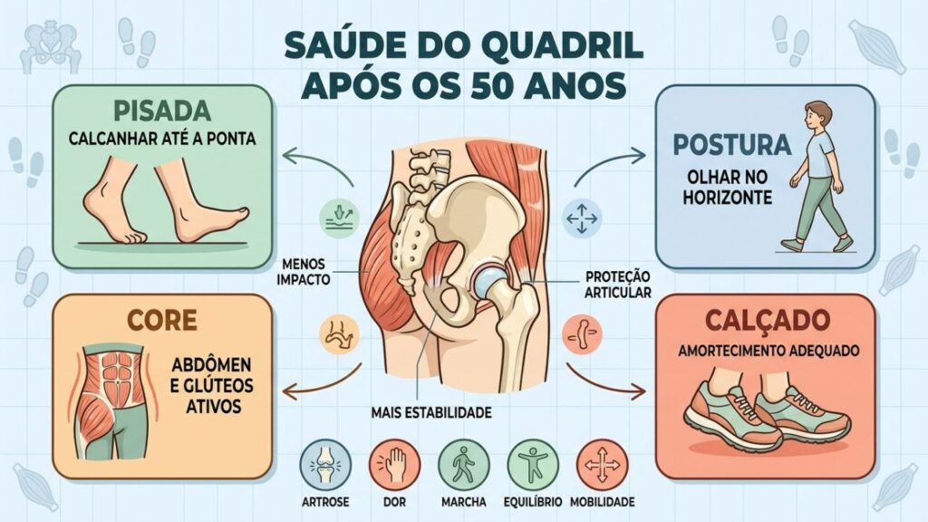 Quatro pilares ajudam a reduzir o desgaste do quadril durante a caminhada.
