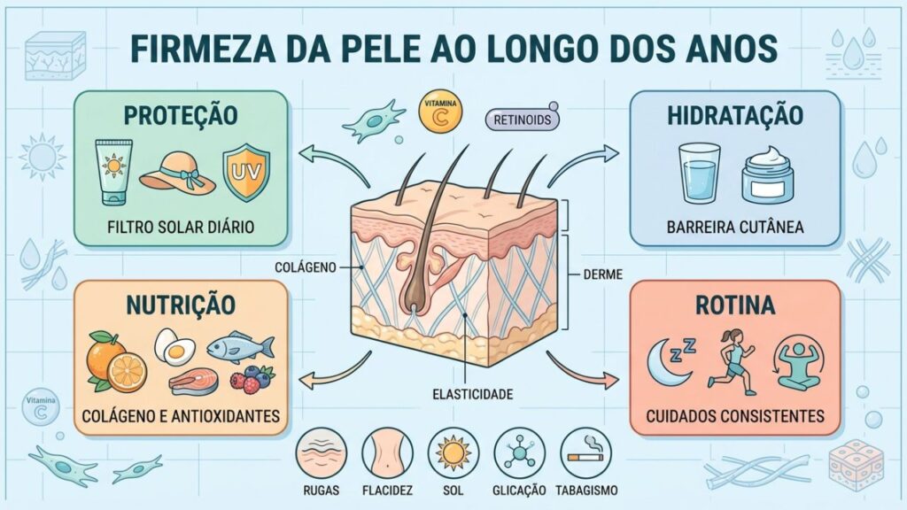 Proteção, hidratação, nutrição e rotina preservam colágeno e elasticidade.
