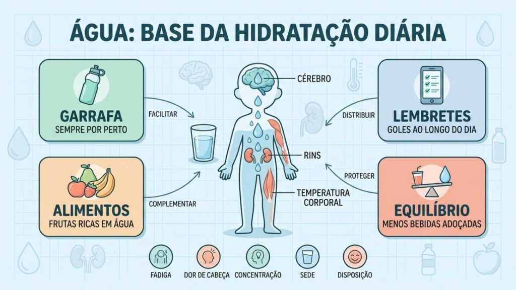 Garrafa, lembretes, alimentos e equilíbrio sustentam a hidratação diária.