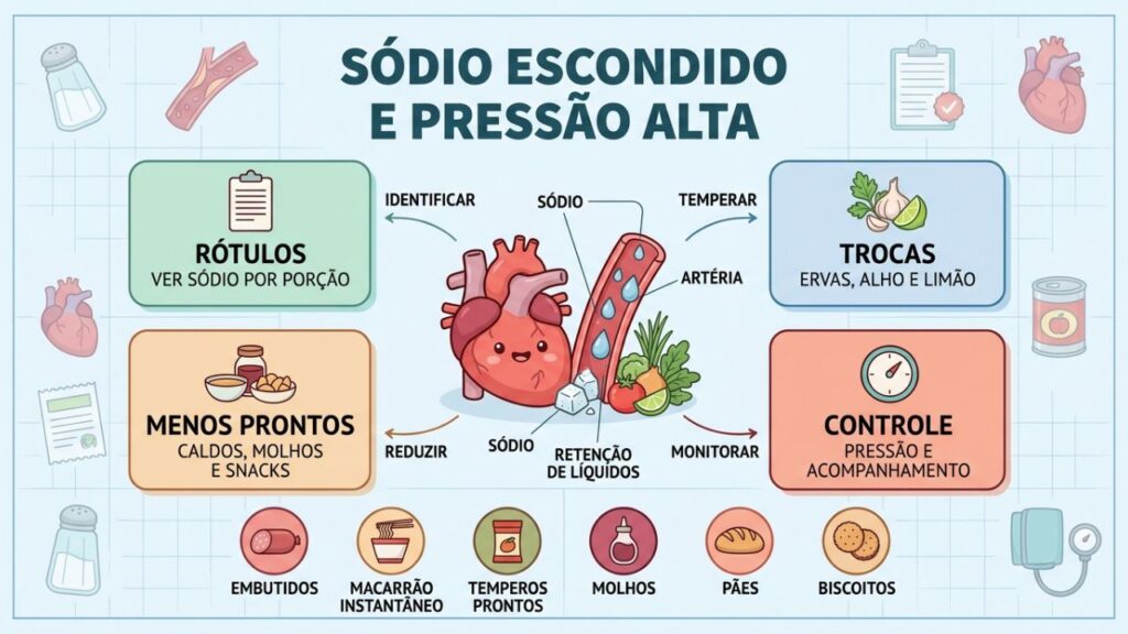 Rótulos, trocas, menos prontos e controle reduzem sódio e pressão.