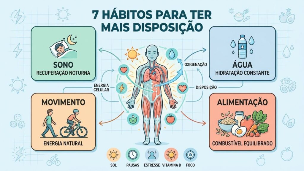 Sono, água, movimento e alimentação sustentam energia ao longo do dia.