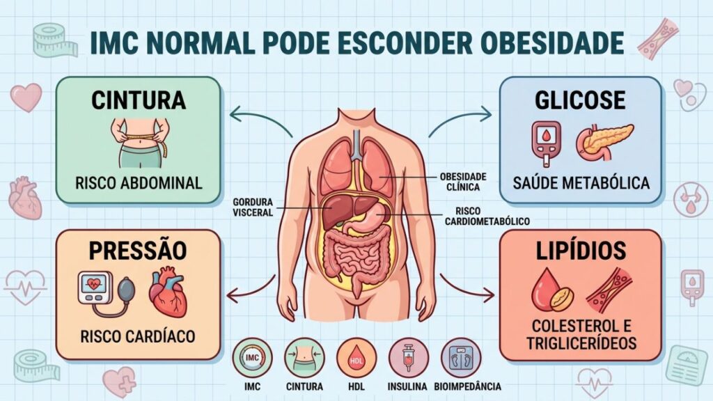 Cintura, glicose, pressão e lipídios revelam riscos ocultos além do IMC.