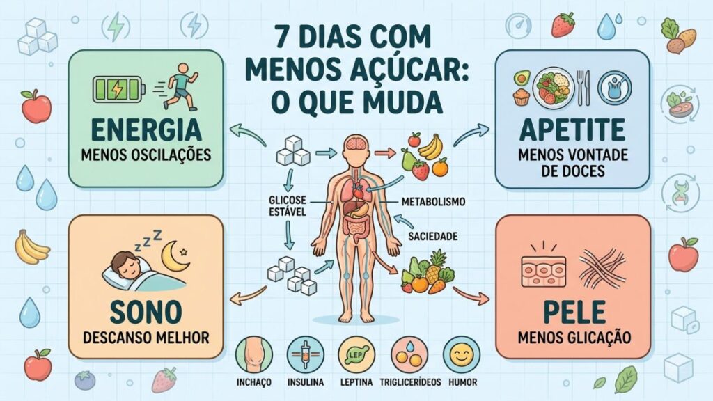 Energia, apetite, sono e pele melhoram com menos açúcar.