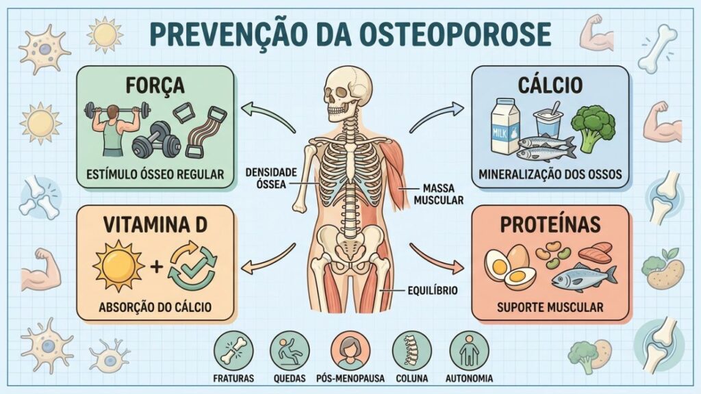Força, cálcio, vitamina D e proteínas protegem a saúde óssea.