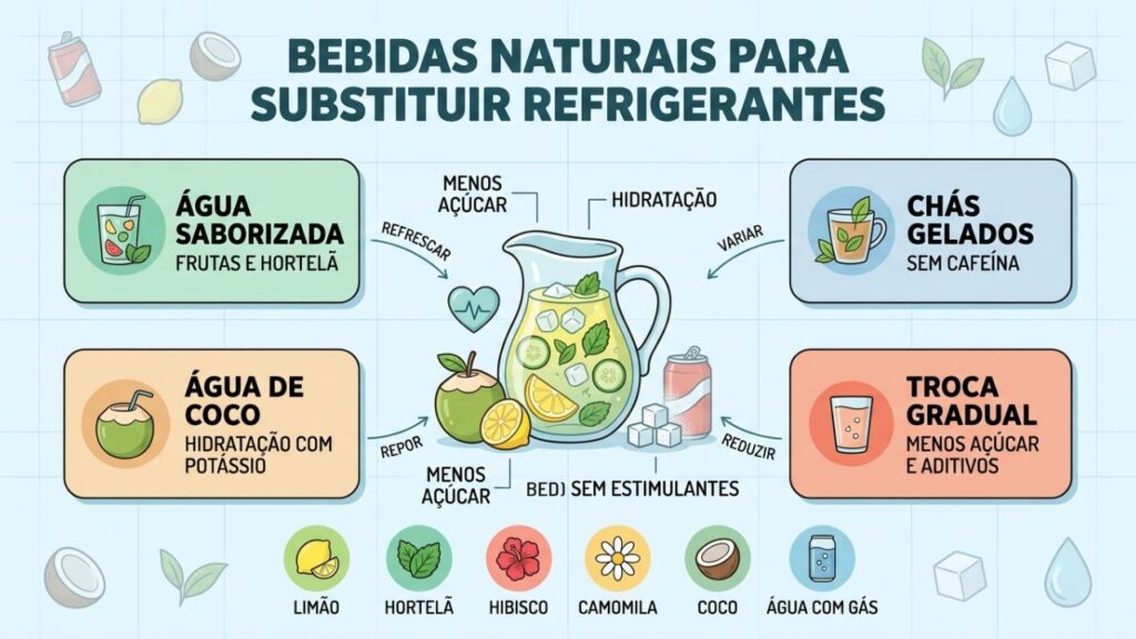 Água saborizada, chás, coco e troca gradual reduzem açúcar e estimulantes.