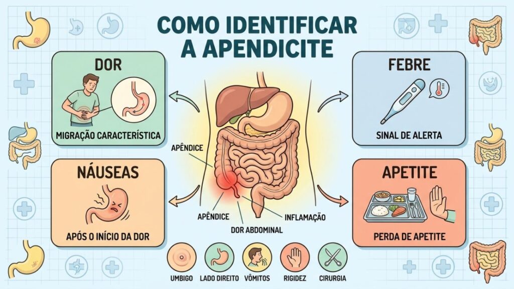 Dor, febre, náuseas e perda de apetite sugerem apendicite.