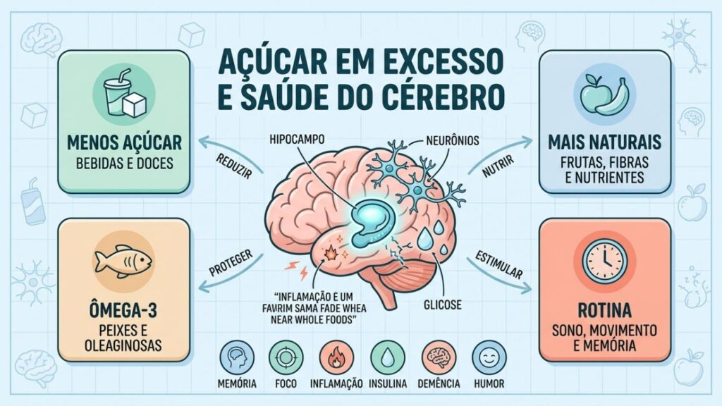 Menos açúcar, mais nutrientes, ômega-3 e rotina cuidam do cérebro.
