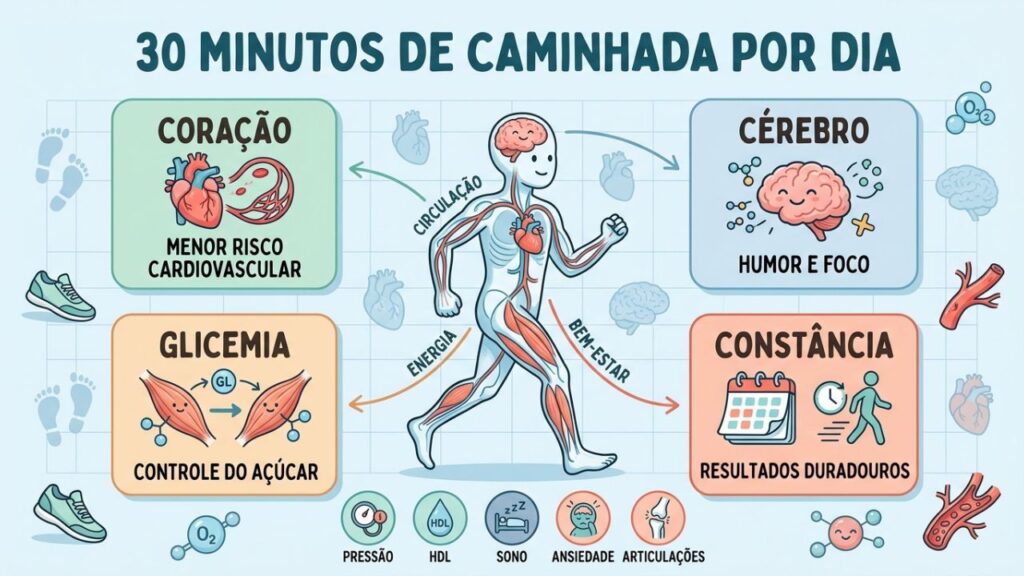 Coração, cérebro, glicemia e constância explicam os benefícios da caminhada.