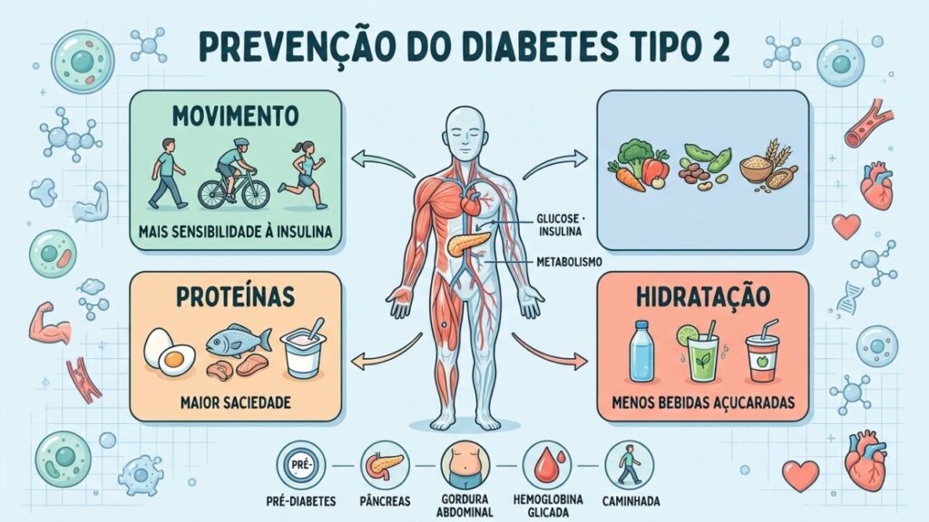 Movimento, fibras, proteínas e hidratação favorecem o controle glicêmico.