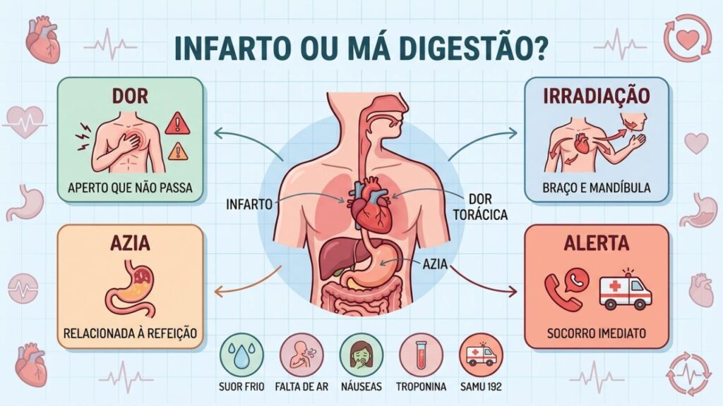 Dor, irradiação e sintomas associados ajudam a reconhecer um infarto.