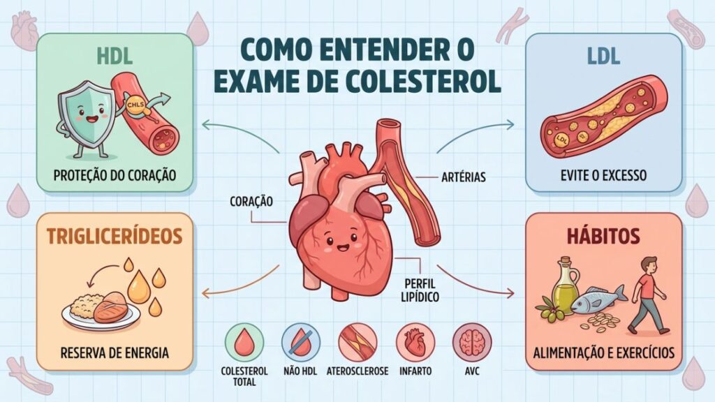 HDL, LDL, triglicerídeos e hábitos saudáveis explicam o perfil lipídico.