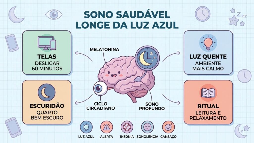 Quatro hábitos reduzem luz azul e favorecem melatonina à noite.