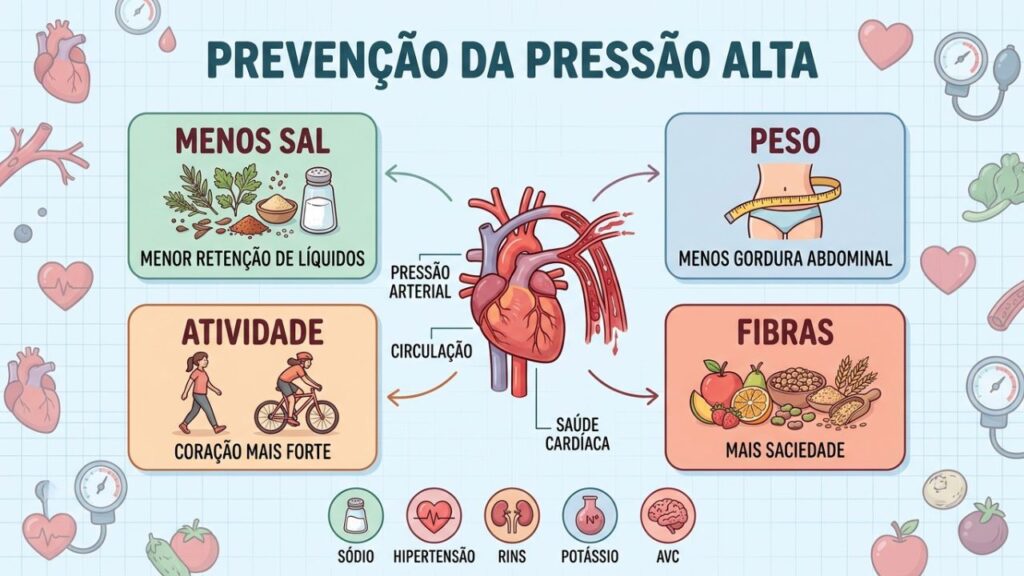 Menos sal, peso adequado, atividade física e fibras controlam a pressão.