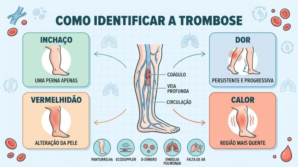 Inchaço, dor, vermelhidão e calor ajudam a reconhecer a trombose.