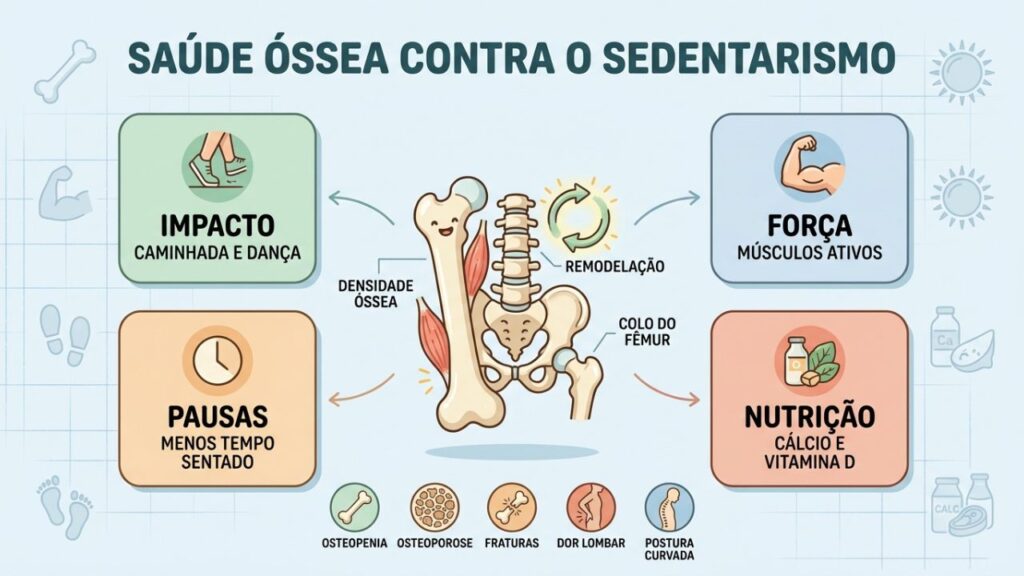 Quatro pilares protegem ossos: impacto, força, pausas e nutrição.