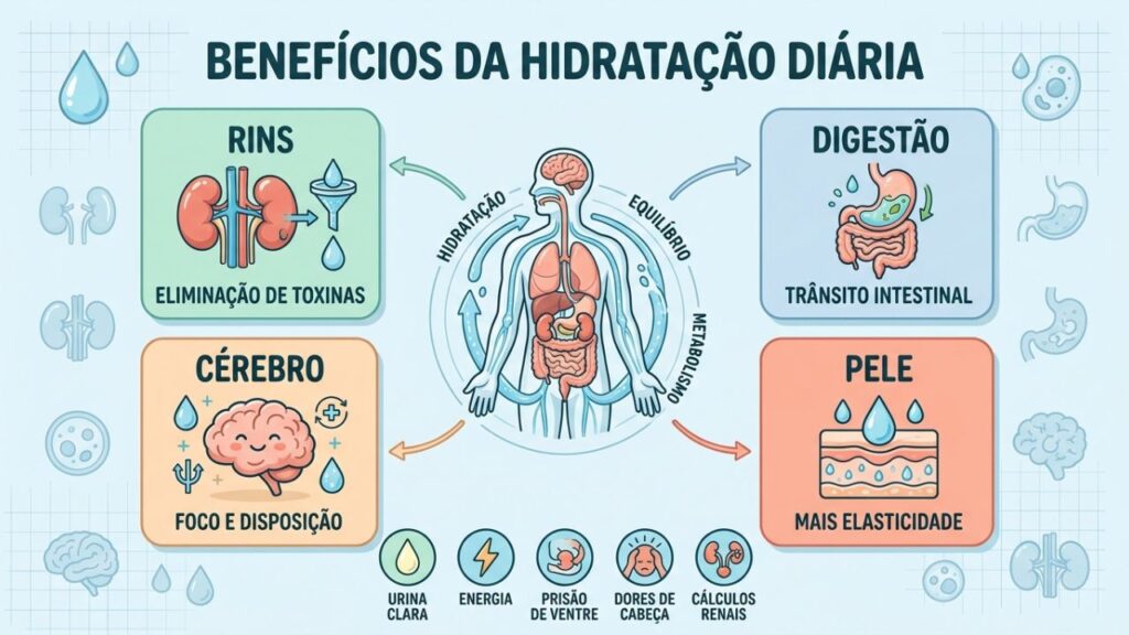 Rins, digestão, cérebro e pele respondem à hidratação adequada.