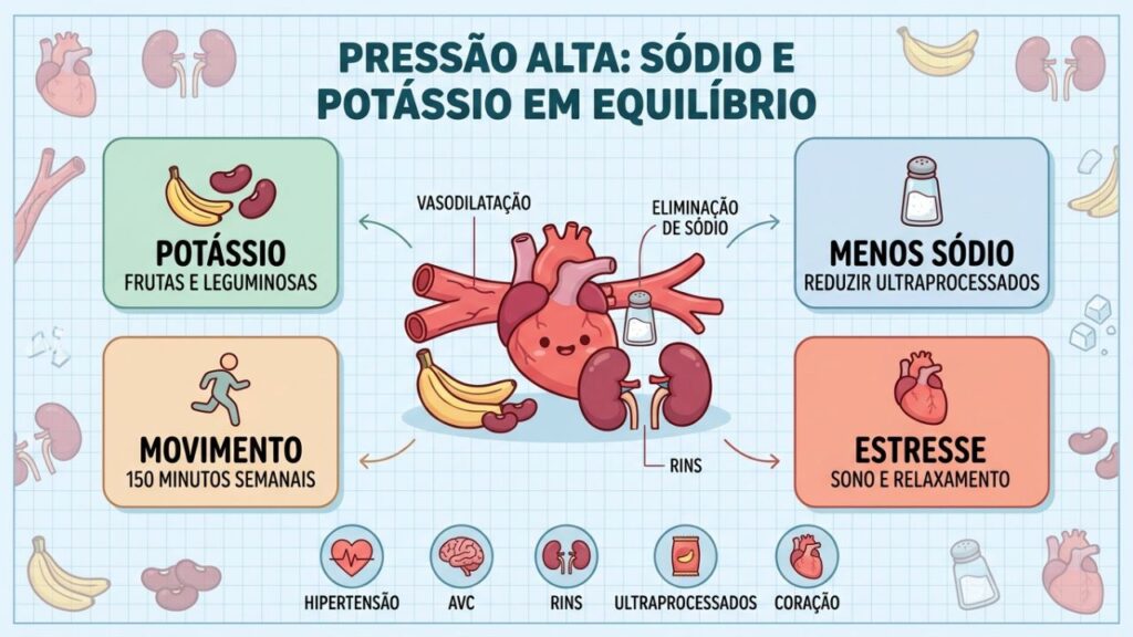 Quatro pilares combinam potássio, menos sódio, movimento e controle do estresse.