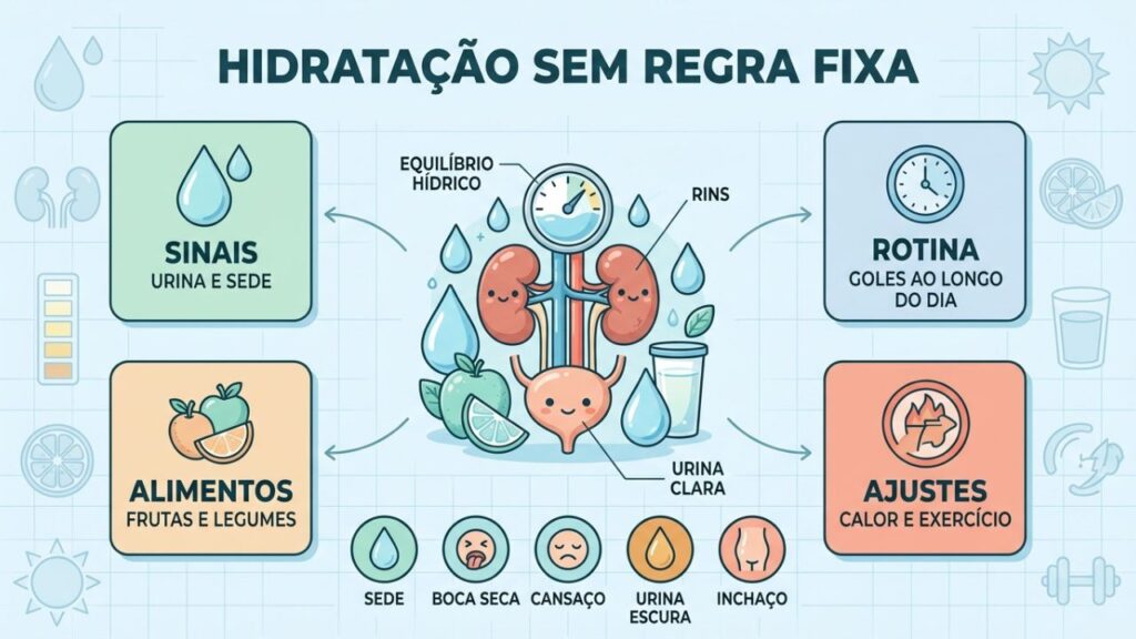 Quatro pilares ajustam hidratação por sinais, rotina, alimentos e clima.