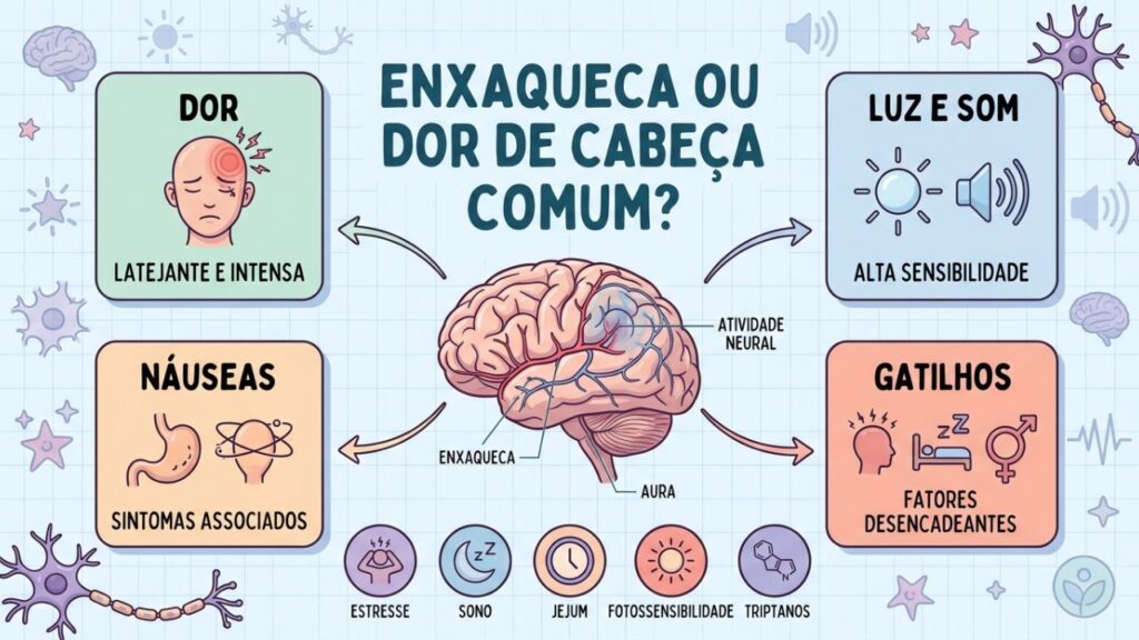 Dor, náuseas, sensibilidade e gatilhos ajudam a identificar enxaqueca.