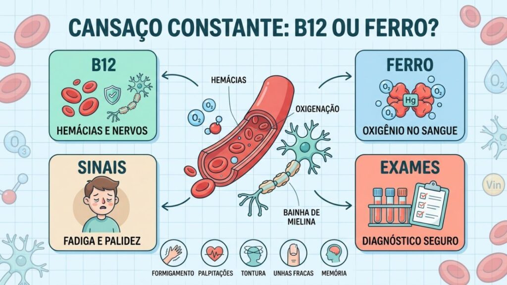 B12, ferro, sintomas e exames orientam a investigação da fadiga.