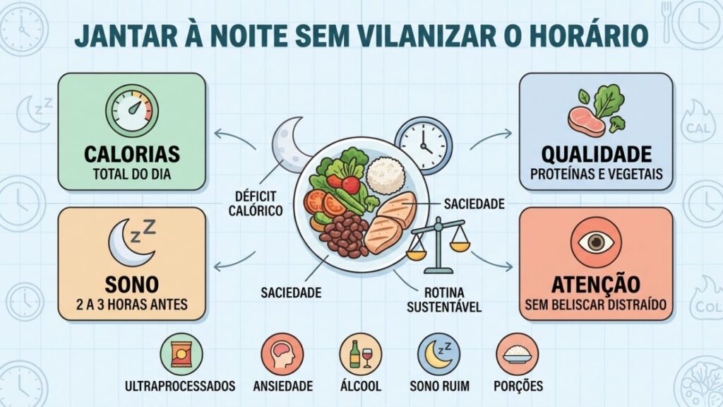 Quatro pilares equilibram calorias, qualidade, sono e atenção ao jantar.