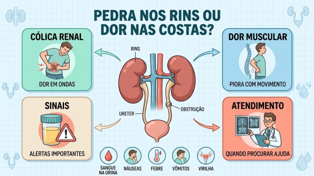 Diferenças entre cólica renal, dor muscular e sinais de alerta.