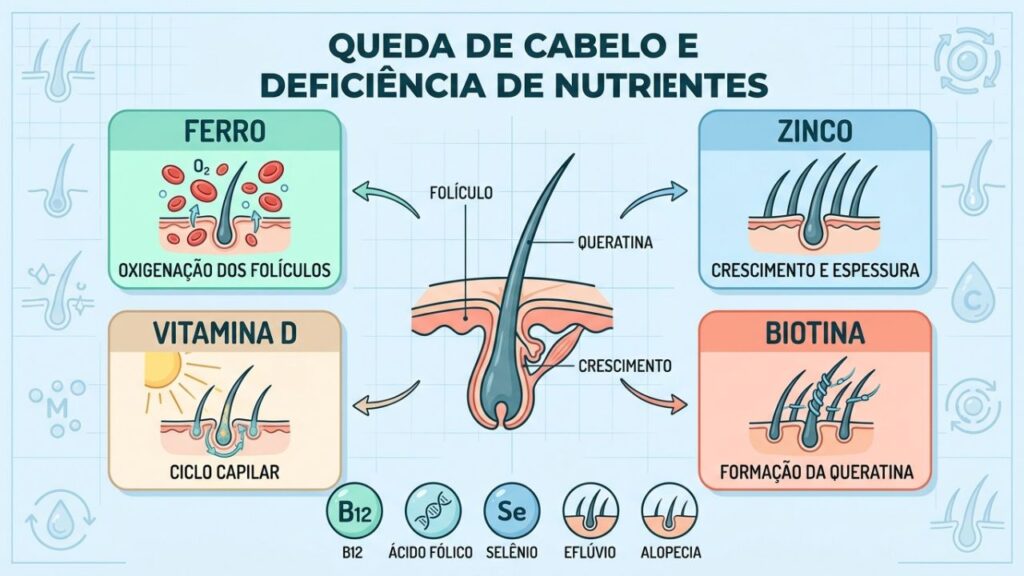 Ferro, zinco, vitamina D e biotina sustentam fios saudáveis.