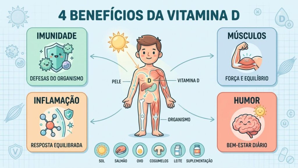 Imunidade, músculos, inflamação e humor estão entre os benefícios da vitamina D.