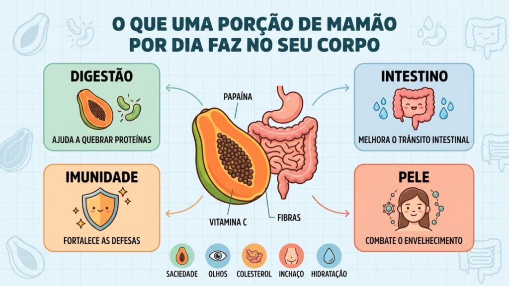 Fibras, papaína e vitamina C favorecem intestino, pele e proteção celular.