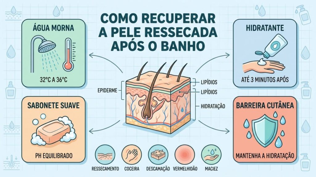 Água morna, hidratante e cuidados suaves restauram a hidratação natural da pele.