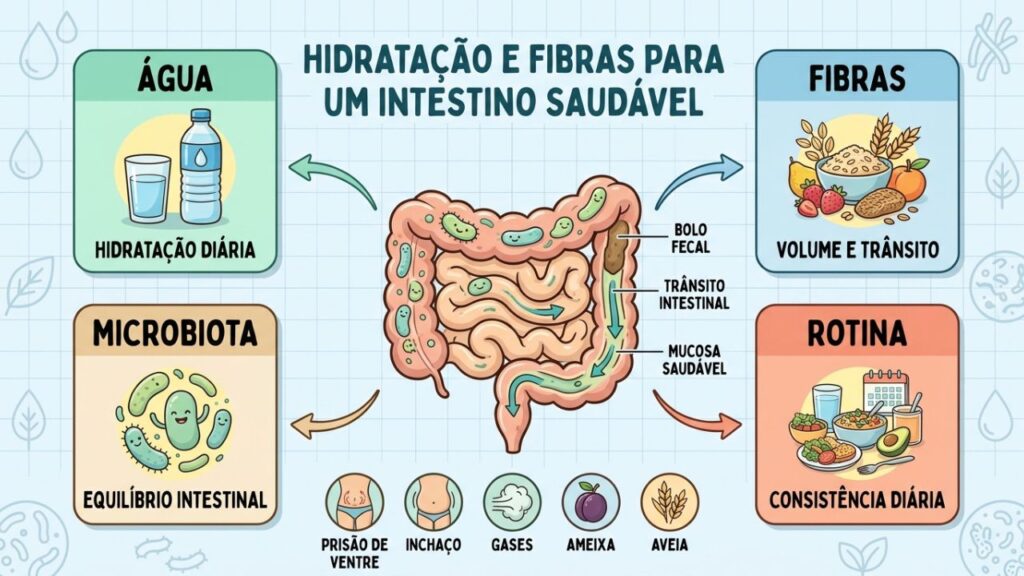 Hidratação, fibras, microbiota e rotina favorecem evacuações regulares.