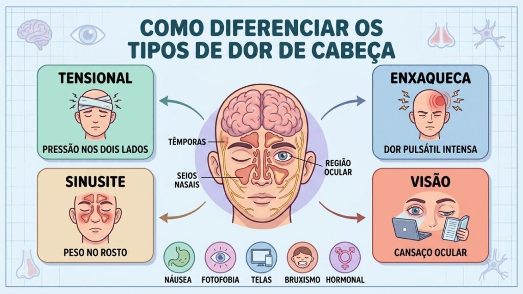 Enxaqueca, tensão, sinusite e visão possuem sinais distintos.
