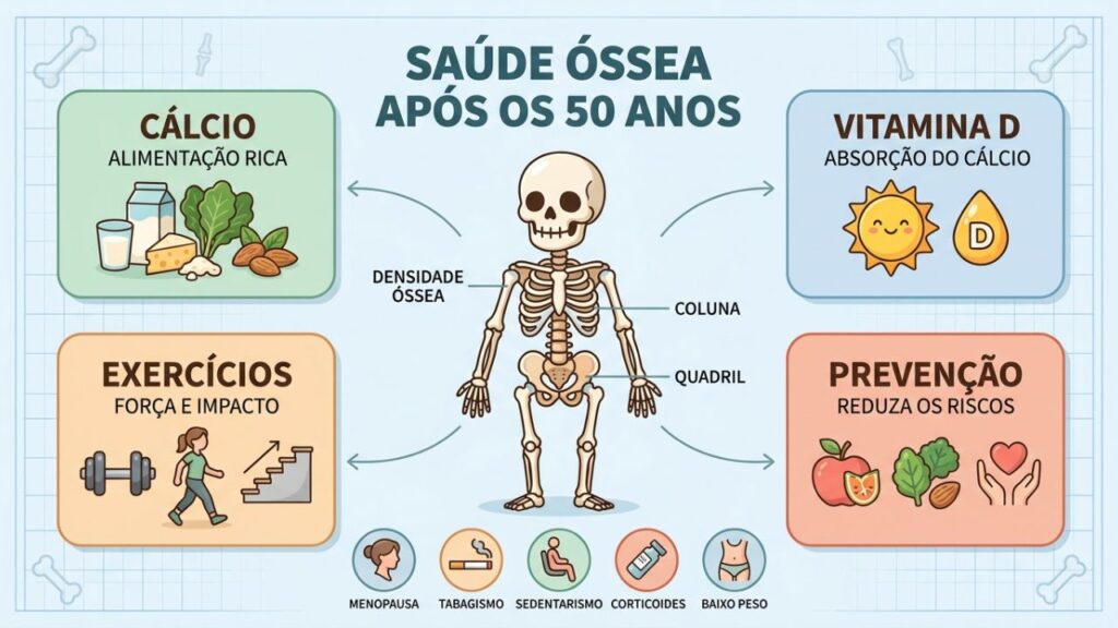 Quatro pilares da saúde óssea: cálcio, vitamina D, exercícios e prevenção contínua.