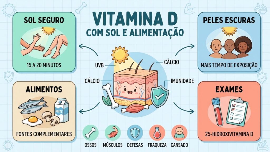 Exposição solar, dieta e exames orientam o cuidado com vitamina D.