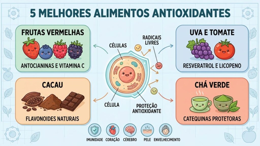 Os principais antioxidantes naturais ajudam a proteger células, coração, cérebro e imunidade.