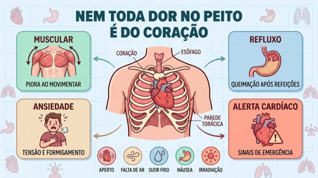 Diferenças entre causas benignas e sinais de emergência cardíaca.