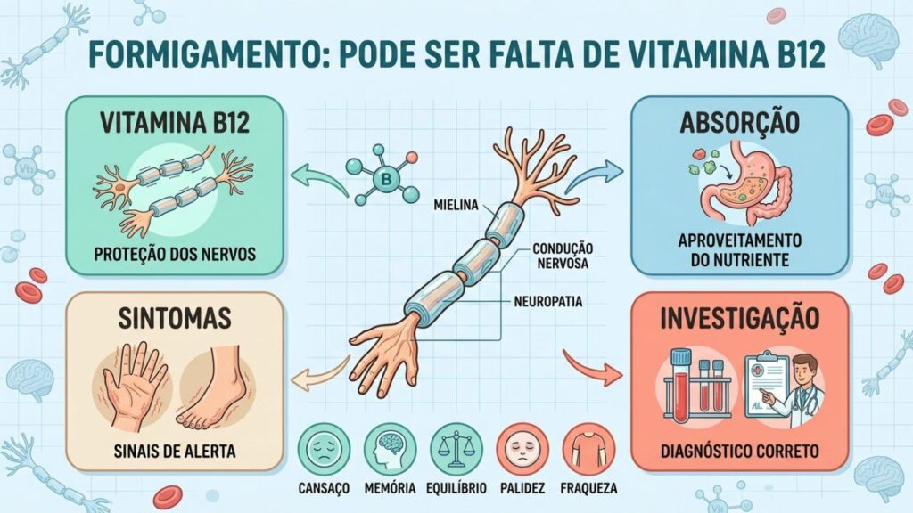Vitamina B12, nervos e sintomas ajudam a identificar a causa.