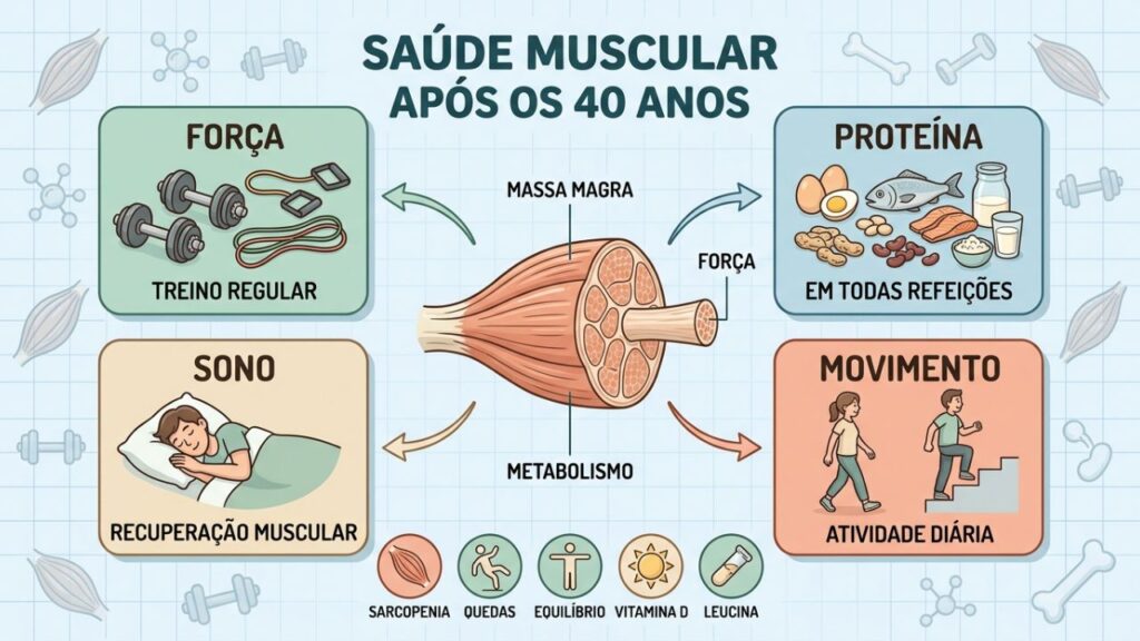 Força, proteína, sono e movimento combatem a perda muscular.
