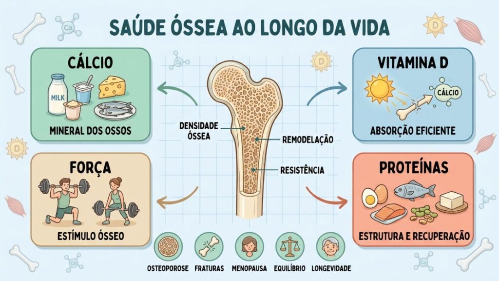 Nutrição e atividade física sustentam a densidade óssea ao envelhecer.