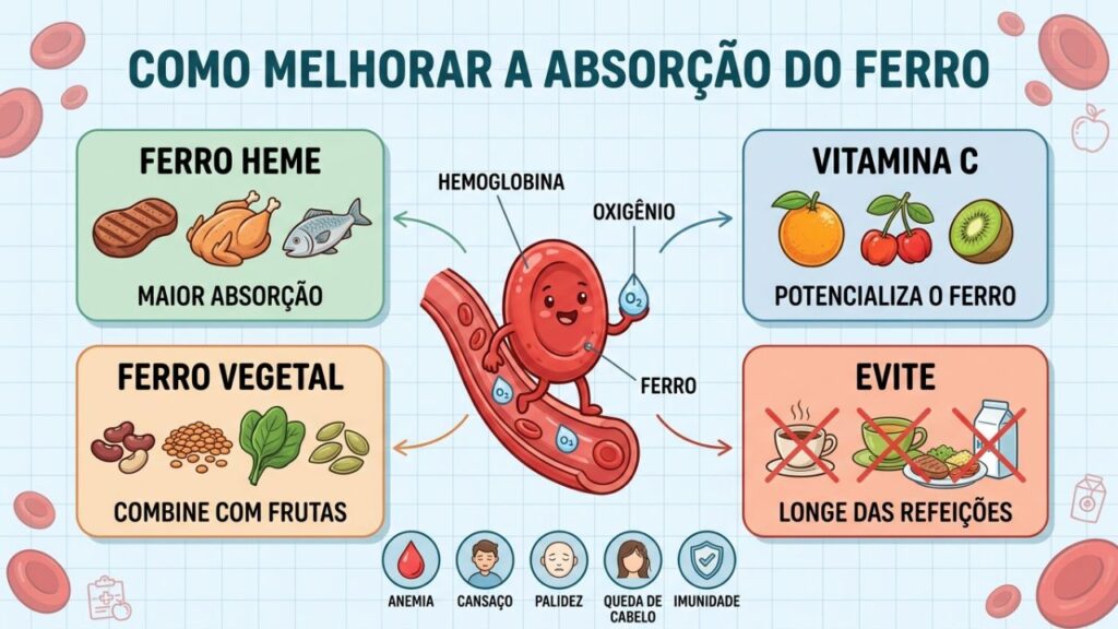 Ferro, vitamina C e boas combinações alimentares favorecem níveis adequados do mineral.