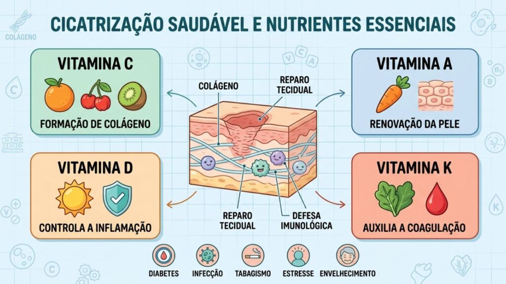 Quatro vitaminas essenciais fortalecem a reparação dos tecidos e a cicatrização.