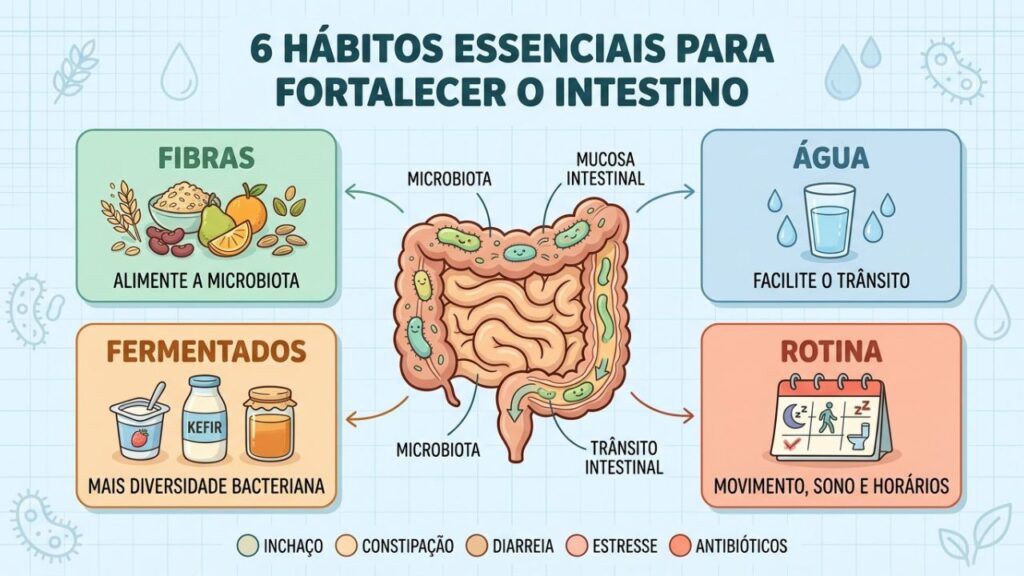 Microbiota forte depende de fibras, água, fermentados e rotina saudável.
