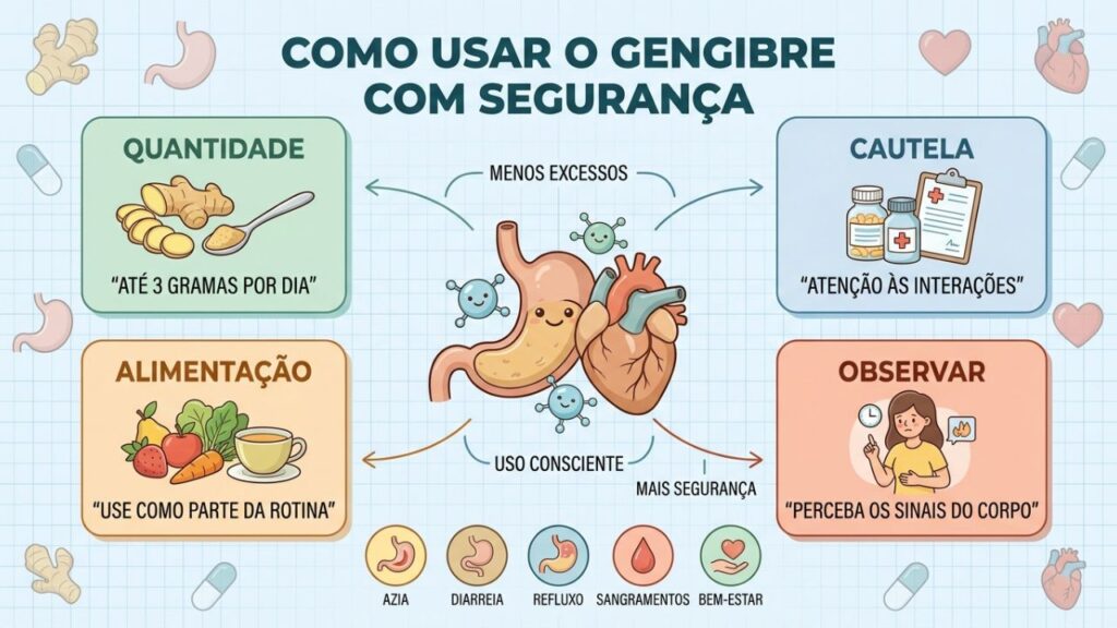 Quatro cuidados ajudam a consumir gengibre com segurança e equilíbrio.