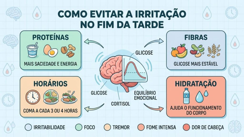 Proteínas, fibras e refeições regulares ajudam a estabilizar o humor diário.