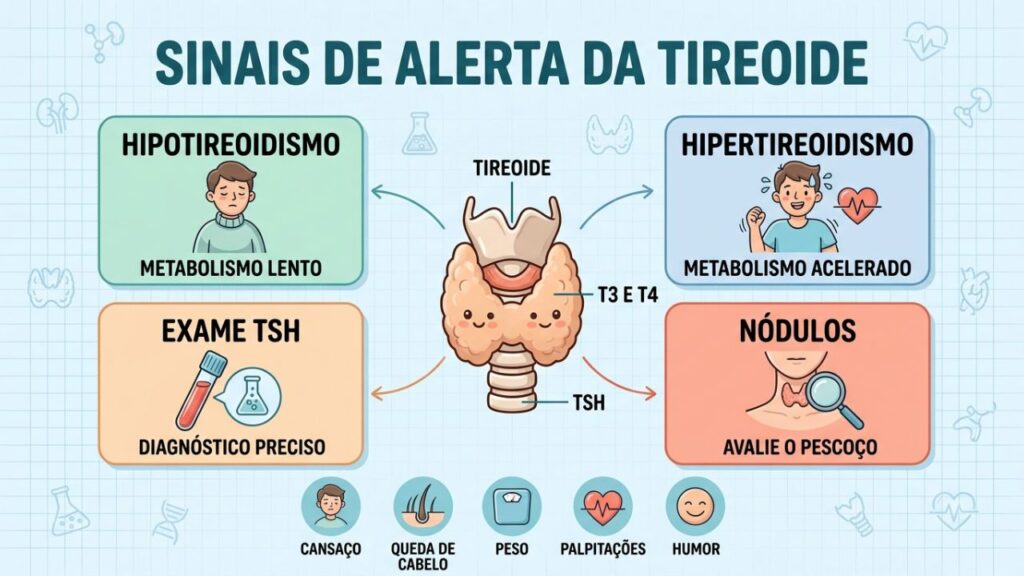Hipotireoidismo, hipertireoidismo, TSH e sintomas ajudam a identificar alterações precocemente.