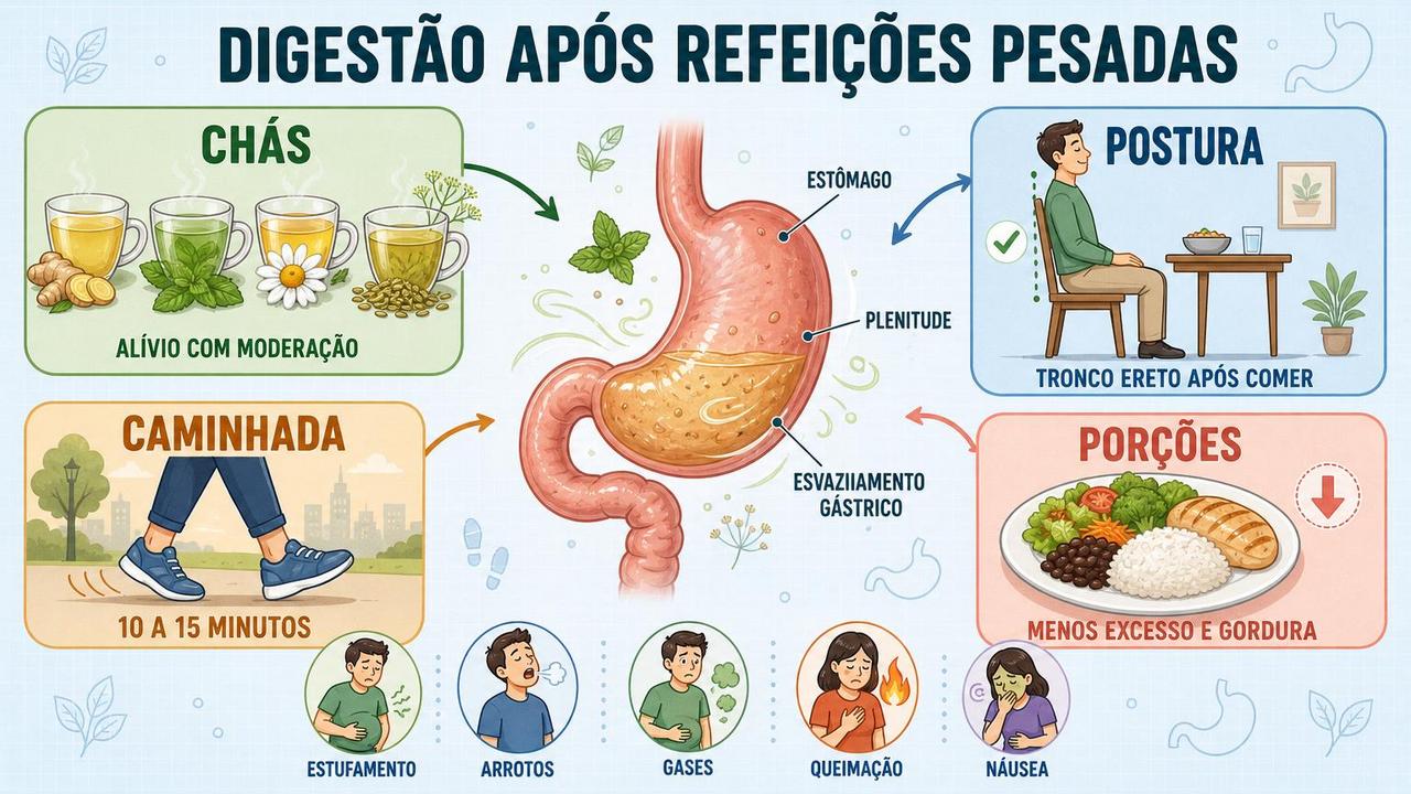 Quatro pilares para melhorar a digestão após refeições pesadas e desconforto.