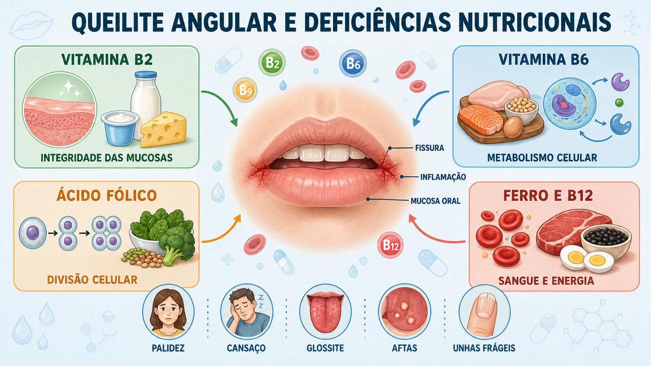 Vitaminas B, ferro e sinais associados ajudam a entender fissuras labiais recorrentes.