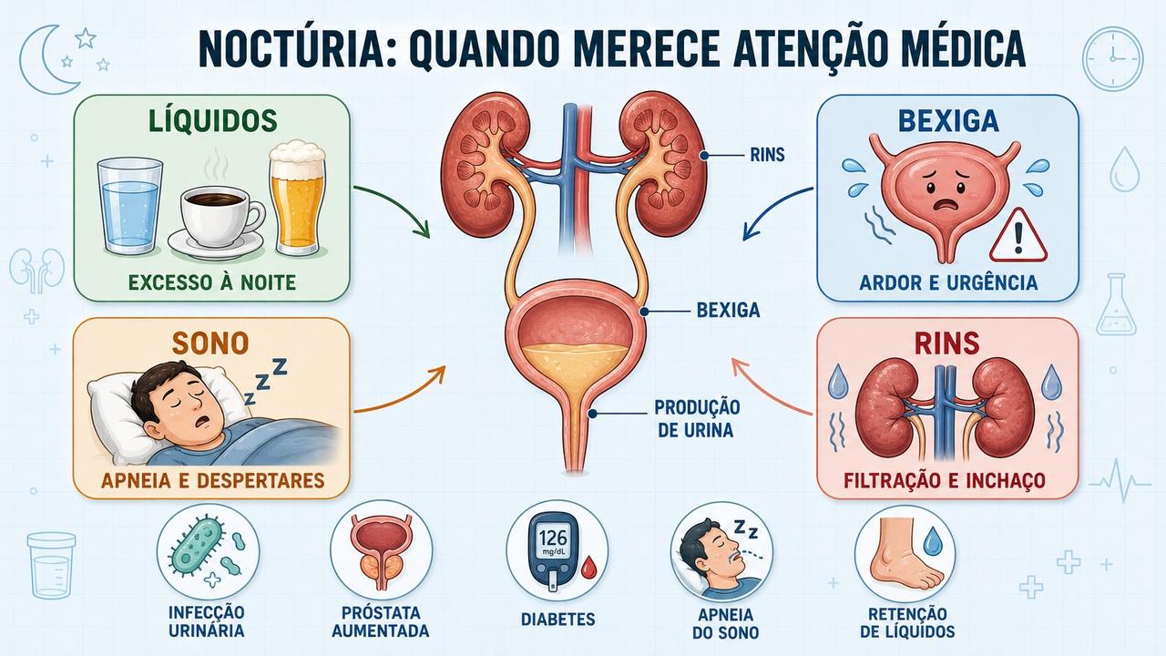 Noctúria envolve líquidos, bexiga, sono e rins na investigação clínica.