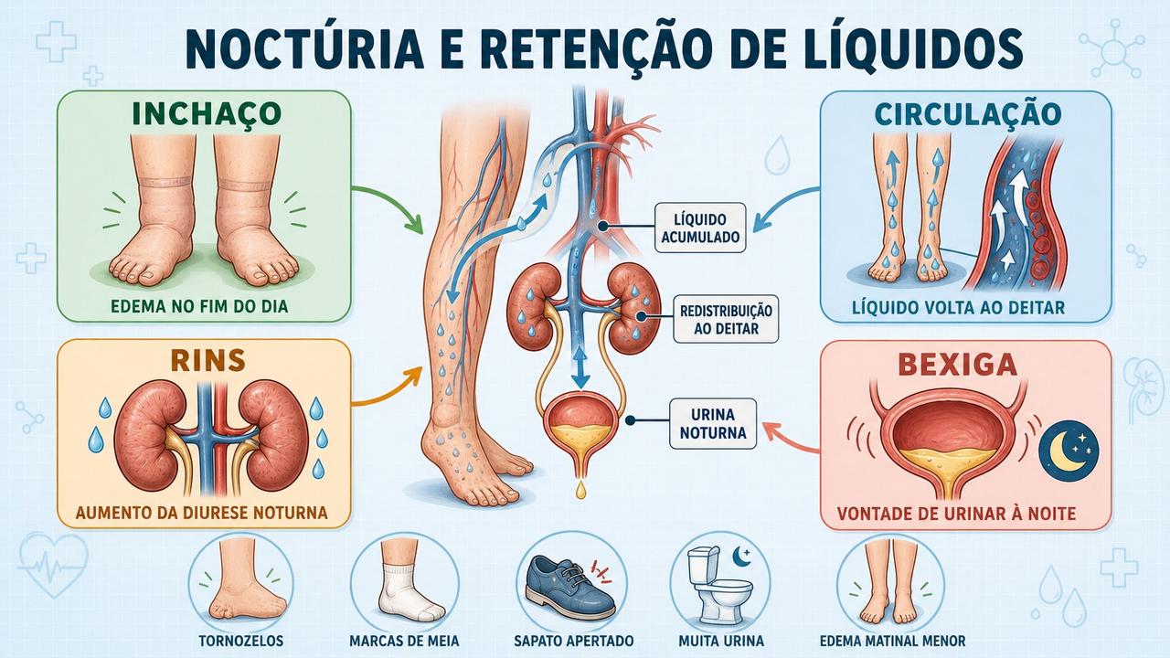Infográfico mostra como edema, circulação, rins e bexiga influenciam a noctúria.