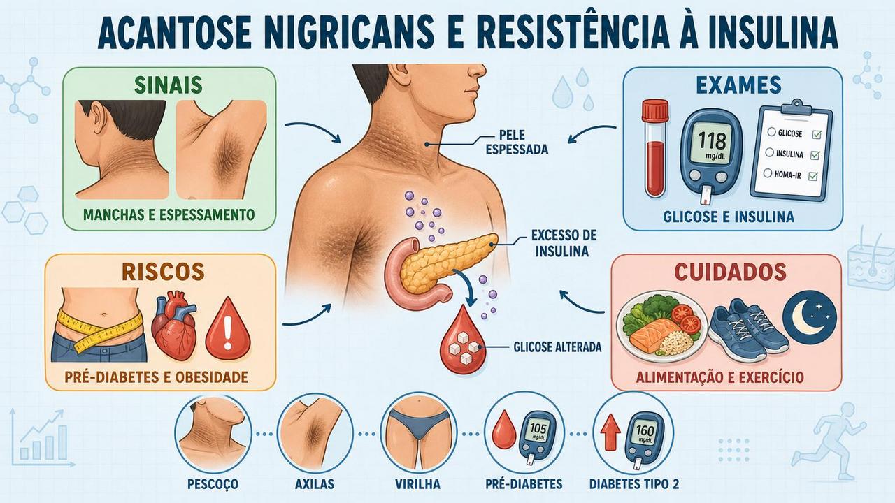 Infográfico resume sinais, exames, riscos e cuidados da acantose nigricans.